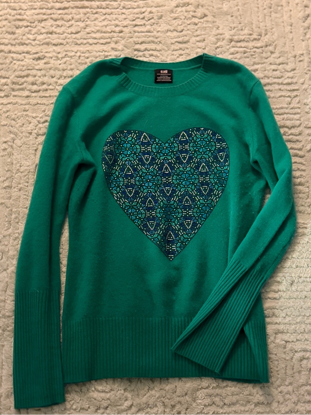 Crewneck Sweater with Embellished Heart - Teal Green